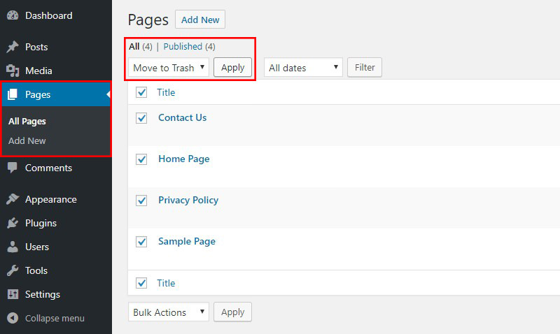 WordPress Delete All Pages
