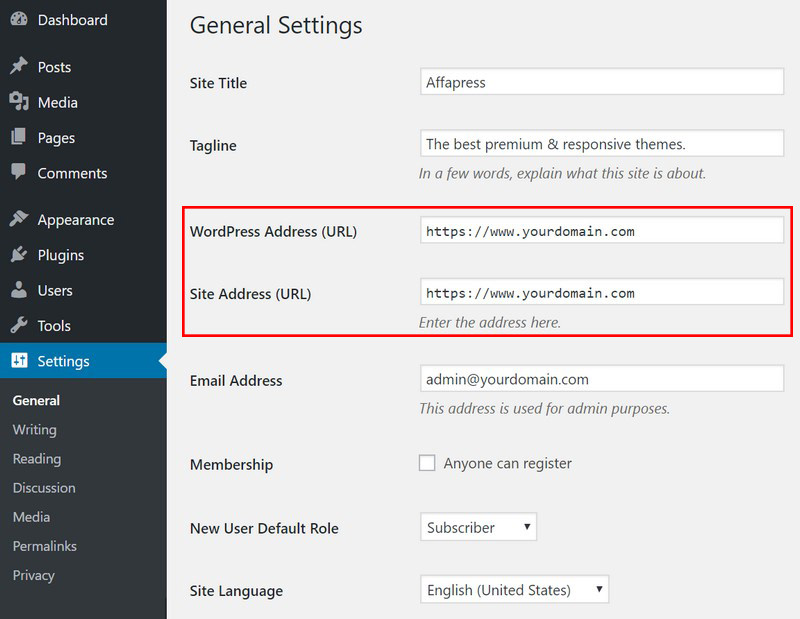 WordPress General Settings Site Address
