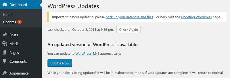 WordPress Updates Dashboard Page